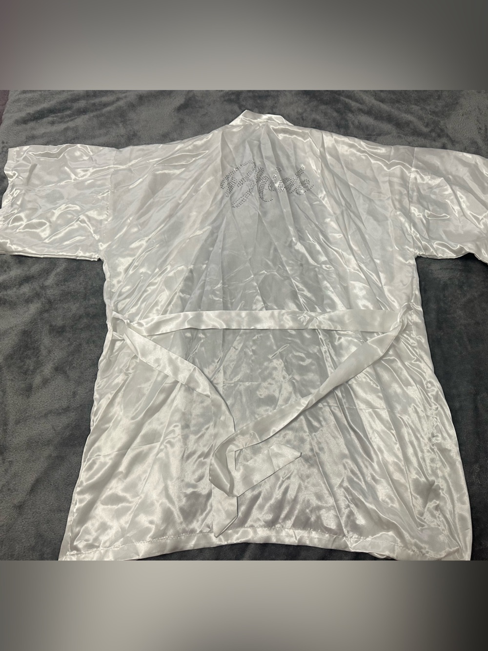 Bride Satin White Robe Silver Rhinestone Script - Picture 2 of 6